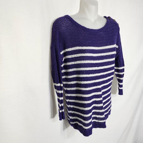 Ann Taylor Loft Womens Sweater Small Purple Ivory Striped Linen Blend Open Knit - Picture 5 of 10